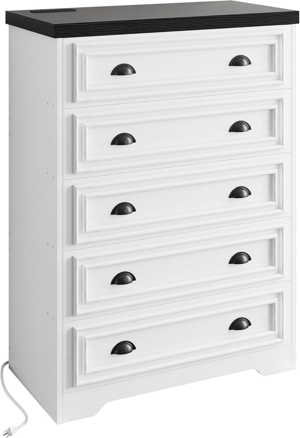 LIKIMIO 5-Drawer 43" Tall Dresser with Built-in Charging Station - Farmhouse Style Bedroom Storage Cabinet, Black &White