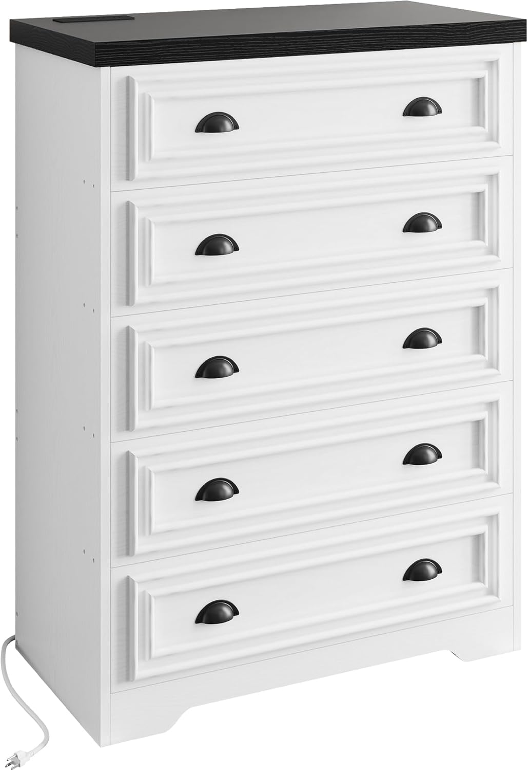 LIKIMIO 5-Drawer 43" Tall Dresser with Built-in Charging Station - Farmhouse Style Bedroom Storage Cabinet, Black &White
