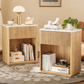 Modern Fluted Nightstand Set of 2 for Bedroom, Mid Century Bedside Table Set with Marble Top & Drawer, Wood End Table, 2 Farmhouse Night Stands for Guest Room, Hallway, Oak