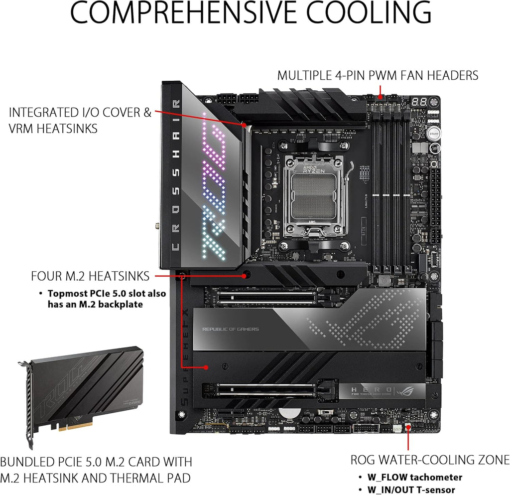 ASUS ROG Crosshair X670E Hero AMD X670 AM5 Ryzen™ Desktop 9000 8000 & 7000 ATX Motherboard, 18 + 2 Power Stages,PCIe® 5.0, DDR5, 5X M.2 Slots, USB 3.2 Gen 2x2 with Quick Charge 4+, USB4®, Wi-Fi 6E
