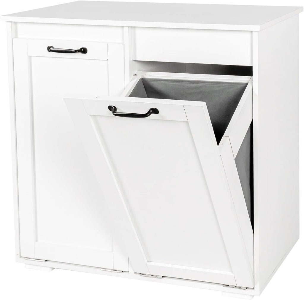 LUMISOL Double Tilt-Out Laundry Hamper Cabinet, Farmhouse Laundry Cabinet with Hidden Fabric Baskets, Wooden Bathroom Storage Cabinet with Doors for Living Room, Kitchen, White