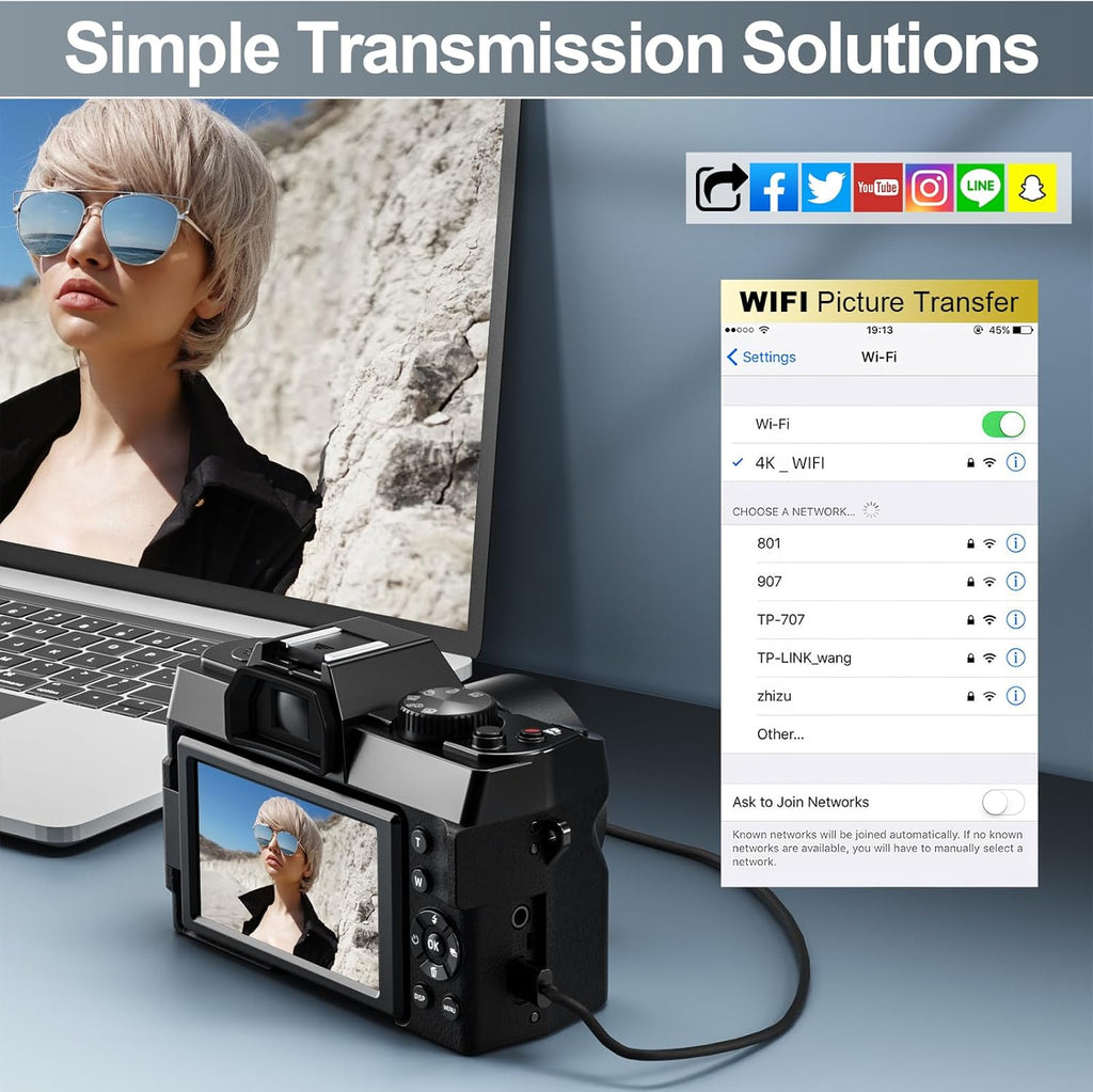 4K Digital Cameras for Photography 48MP/60FPS Video Vlogging Camera for YouTube with 3" 180° Flip Screen WiFi, 16X Digital Zoom Cameras with 32GB Micro Card Wide-Angle & Macro Lens (Black)