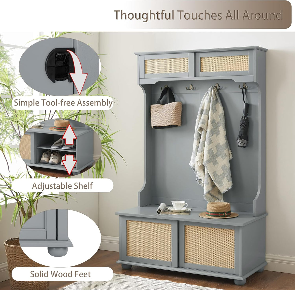 Wacfc Coat Hall Tree with Rattan Door, Clothes Hanger Hall Tree, Clothes Rack with Shoe Storage Bench, Coat Hook and Storage Open Shelf for Entryway Living Room, Gray