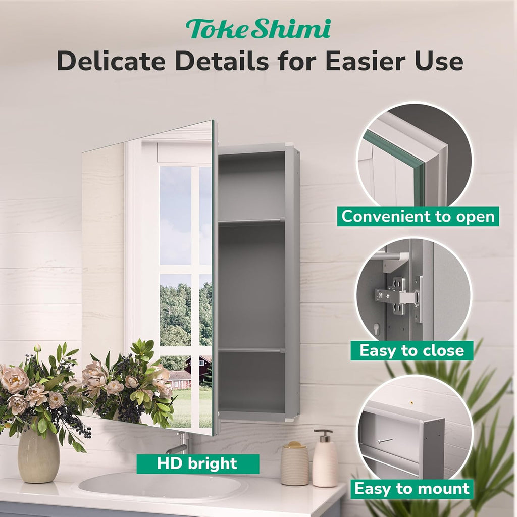 TokeShimi 24x32 Mirrored Medicine Cabinet Recessed or Wall Mount, Aluminum Tempered Silver Bathroom Medicine Cabinet with Mirror with Stepless Adjustable Storage Metal for Modern Farmhouse