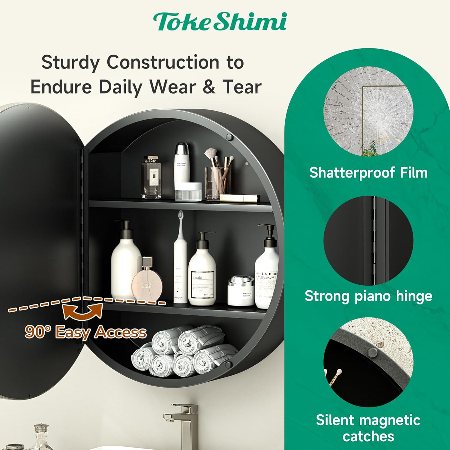 TokeShimi 24 x 24 Round Medicine Cabinet for Bathroom, Brushed Nickel Circle Medicine Cabinet Mirror Shatterproof with Stainless Steel Metal Frame, Detachable Shelves, Wall Mounted Only