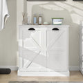 Modern Farmhouse Barn Door Double Compartment Slanted Laundry Organizer,Freestanding Hidden Laundry Cabinet with 2 Removable Liner Pockets for Bathroom(White-03)