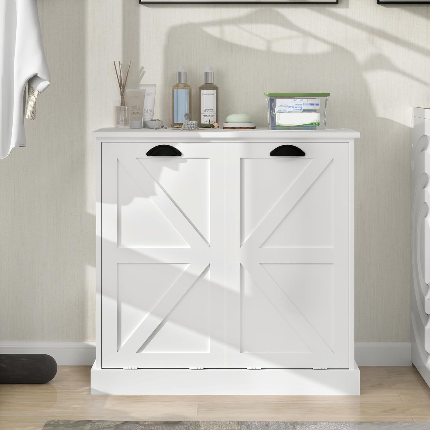 Modern Farmhouse Barn Door Double Compartment Slanted Laundry Organizer,Freestanding Hidden Laundry Cabinet with 2 Removable Liner Pockets for Bathroom(White-03)