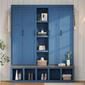 LUMISOL 4-in-1Wide Hall Tree with Wood Grain Bench and 8 Open Compartments, Farmhouse Style Entryway Bench with Storage Unit and 6 Hooks, 62.9" Rustic Coat Rack for Hallway Living Room, Blue