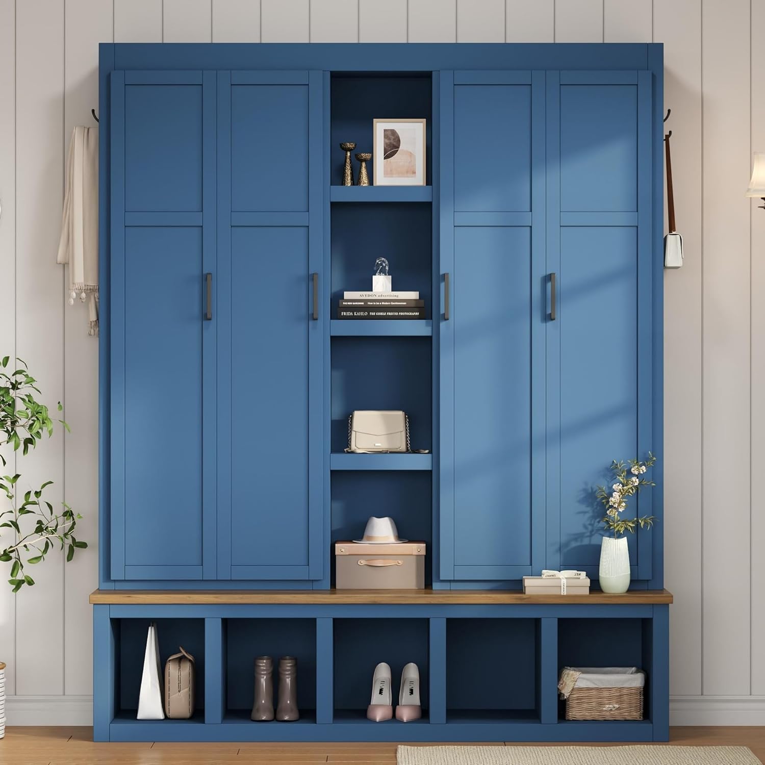 Modern 63'' Wide Hall Tree with 6 Hidden Hanging Hooks, Brown Wood Grain Minimalist Shoe Cabinet with Open Compartments, Entryway Coat Rack for Living Room Hallway (Blue-4.23)
