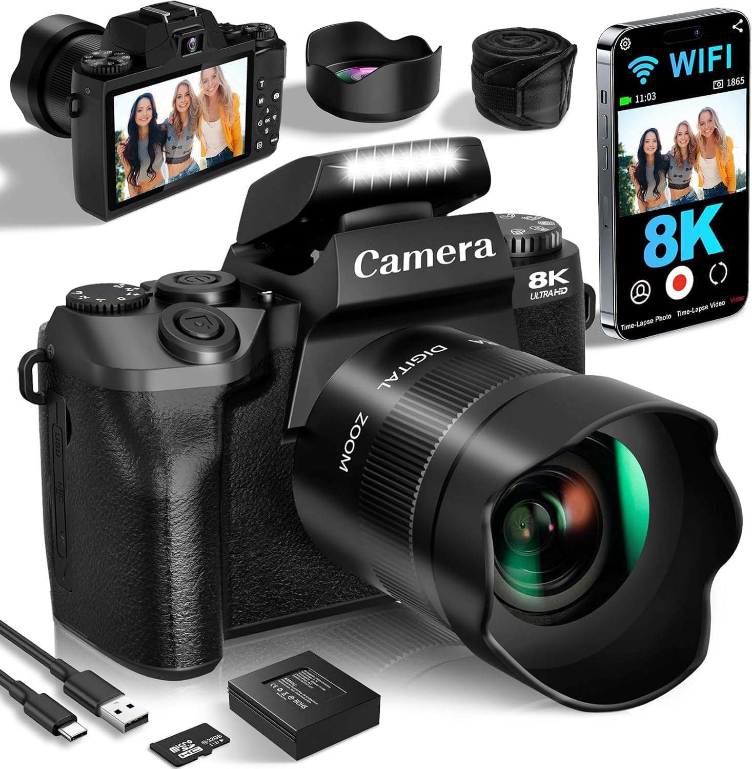 8K Digital Camera, 64MP WiFi Cameras for Photography with 4" Touchscreen, 16X Zoom Autofocus Professional Dual Camera, 3000MAh Battery, 32GB TF Card, Flash, Lens Hood