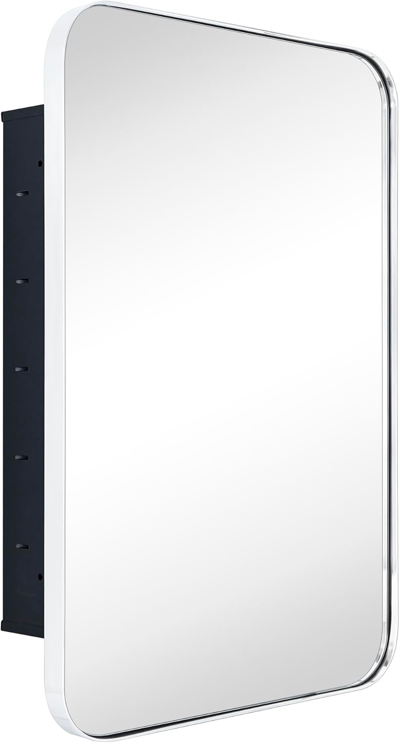 Chrome Rectangle Recessed Bathroom Medicine Cabinet with Mirror Stainless Steel Metal Framed Rounded Rectangular Bathroom Cabinet with Mirror 16x24''