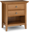 SIMPLIHOME Amherst Bedside Table - 24 inch Wide Solid Wood Nightstand in Light Golden Brown, Transitional Bedroom Side or End Table with 2 Drawers, Open Storage Shelf and Bronze Hardware