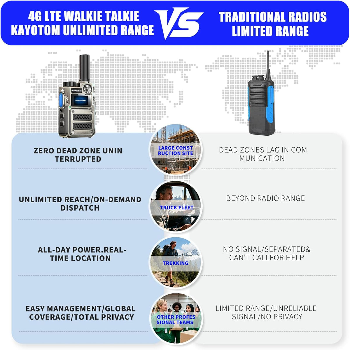 （Lifetime Free） Global Unlimited Range 4G LTE PoC Rapid Walkie Talkies Long Range Two-Way Radios 5000+ Miles with Nationwide Range,SOS Alert Long Distance Radios for Truck Fleet,Construction site