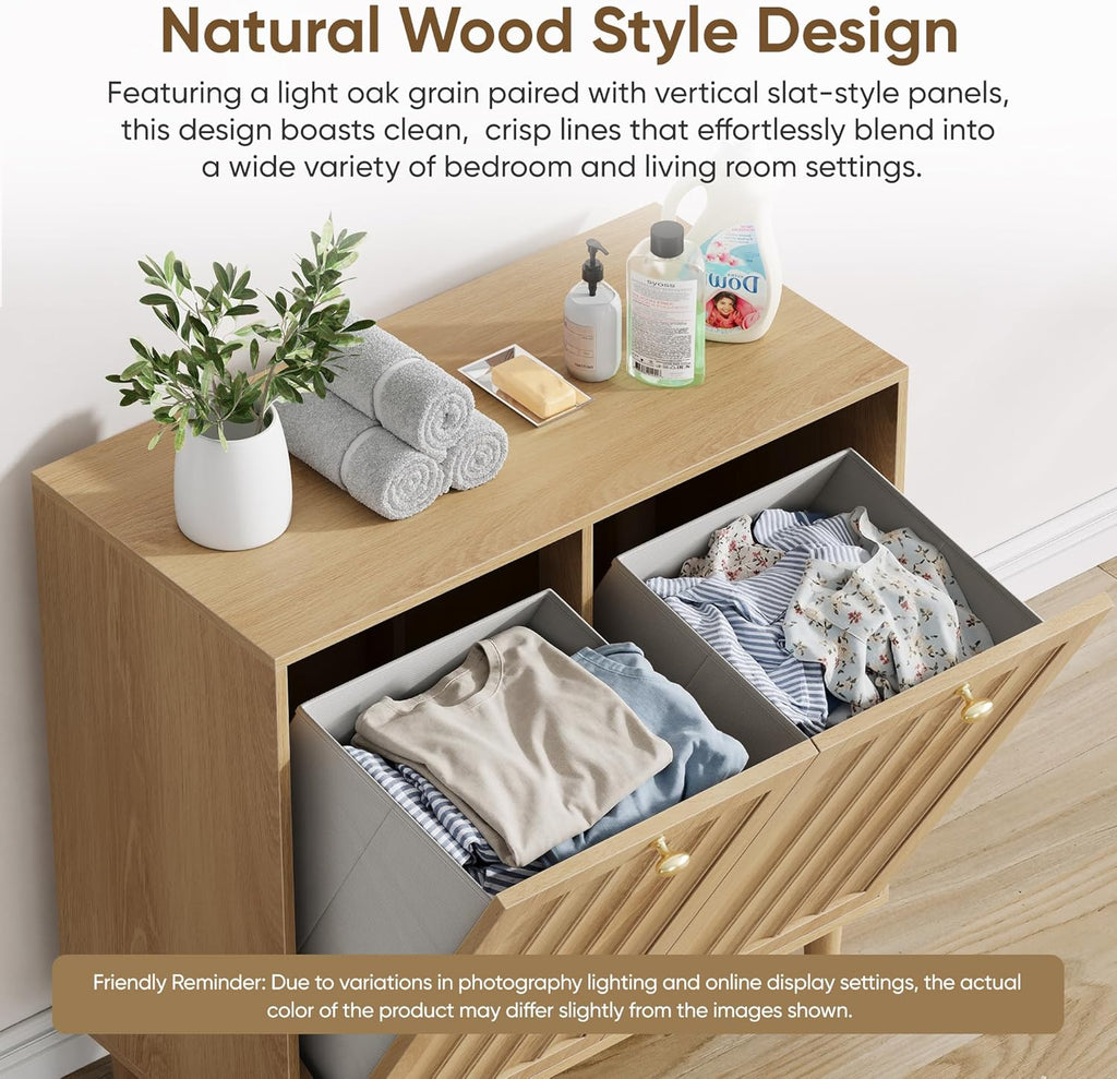 Double Tilt Out Laundry Cabinet,Natural Oak Fluted Finish, Smooth Tilt-Out Hidden Storage, Multi-Functional Organizer for Laundry Room Bathroom Kitchen Utility Space