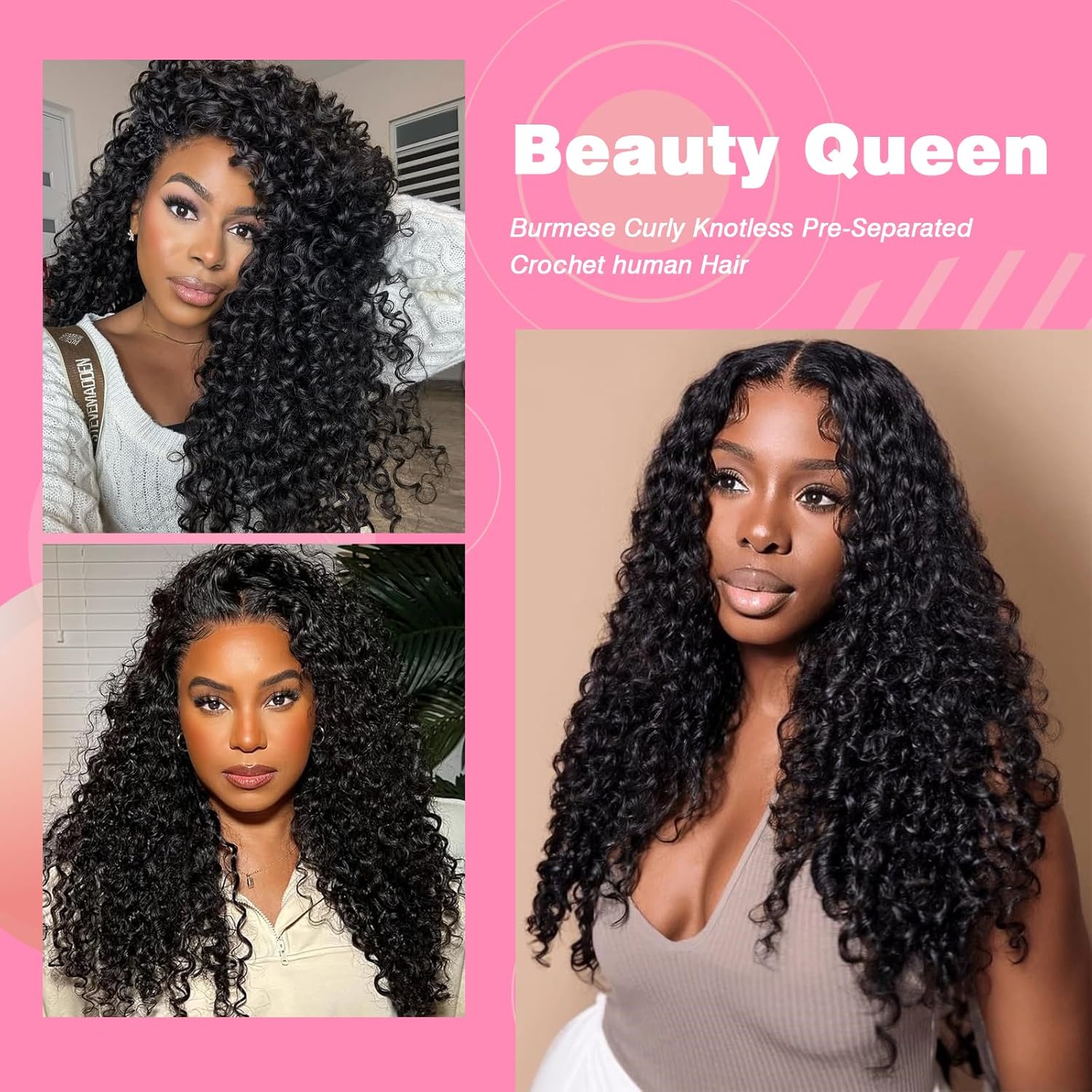 Beauty Queen Burmese Curly Crochet Human Hair 20 Inch 120g Knotless Pre-Separated Feather Human Hair Crochet Bundles 3C4A Lightweight Reusable Remy Hair Extensions for Women Natural Black Color