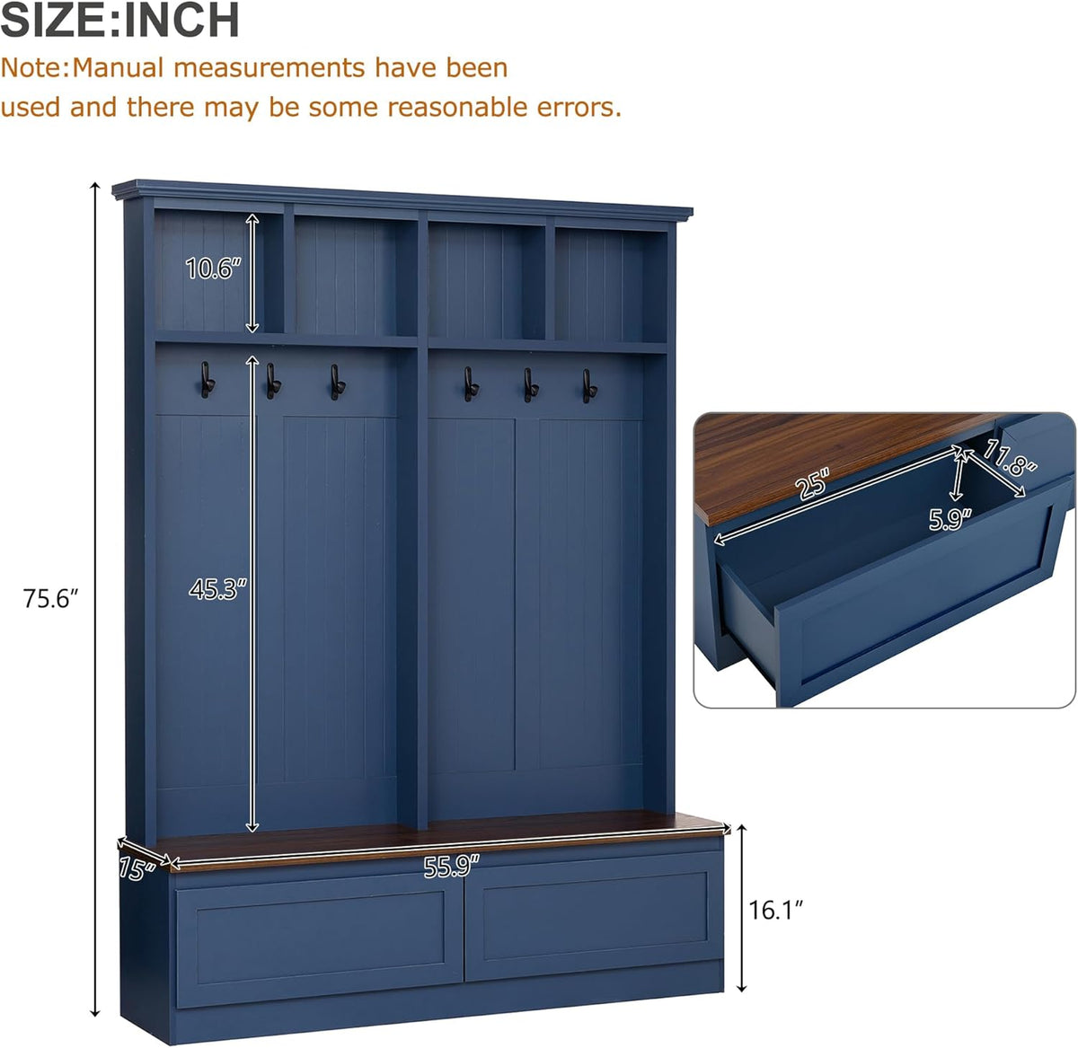 4-in-1 Hall Tree with Wood Grain Bench, Entryway Shoe Storage Organizer with Coat Rack, 2 Large Drawers, and 6 Golden Hooks for Hallway, Foyer Organizer Furniture, Blue