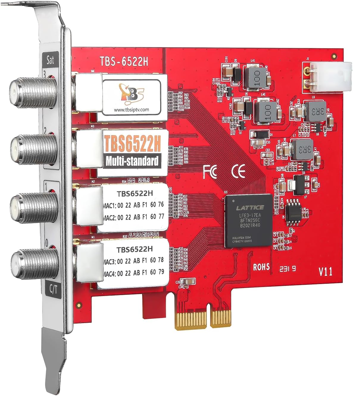 TBS6522H Quad Tuner PCIe Card DVB-S2X S2 S T2 T C2 C ISDB-T ATSC1.0 Multi Standard Digital TV Card Live TV/Window/Linux/HTPC/IPTV Server