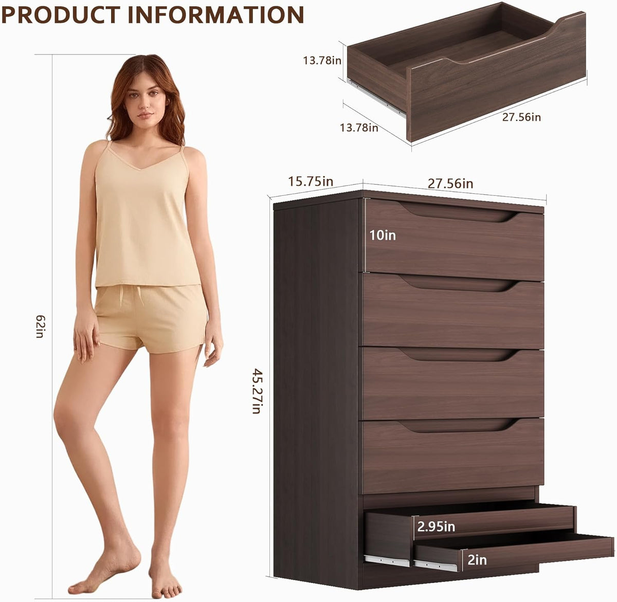 Brown Tall 5 Drawer Dresser for Bedroom with Hidden Storage Design, Large Modern Closet Dressers & Chests of Drawers with Cut-Out Handles, 27.6" L*15.8" W*45.3" H for Bedroom, Living Room, Nursery