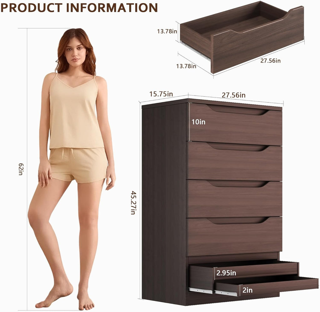 Brown Tall 5 Drawer Dresser for Bedroom with Hidden Storage Design, Large Modern Closet Dressers & Chests of Drawers with Cut-Out Handles, 27.6" L*15.8" W*45.3" H for Bedroom, Living Room, Nursery