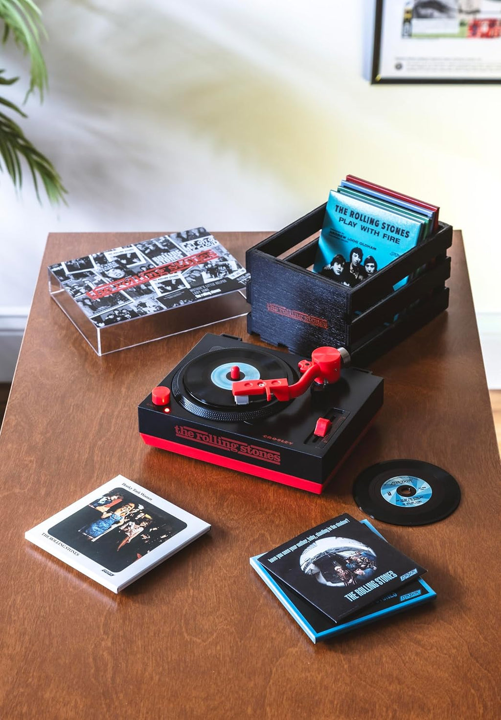Crosley CR6037BT-RS Rolling Stones RSD3 Mini Turntable with Crate and Six 3-Inch Singles