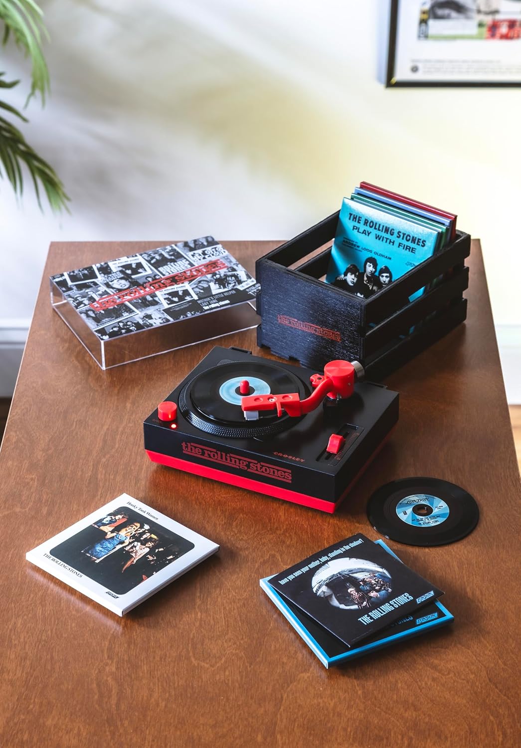 Crosley CR6037BT-RS Rolling Stones RSD3 Mini Turntable with Crate and Six 3-Inch Singles