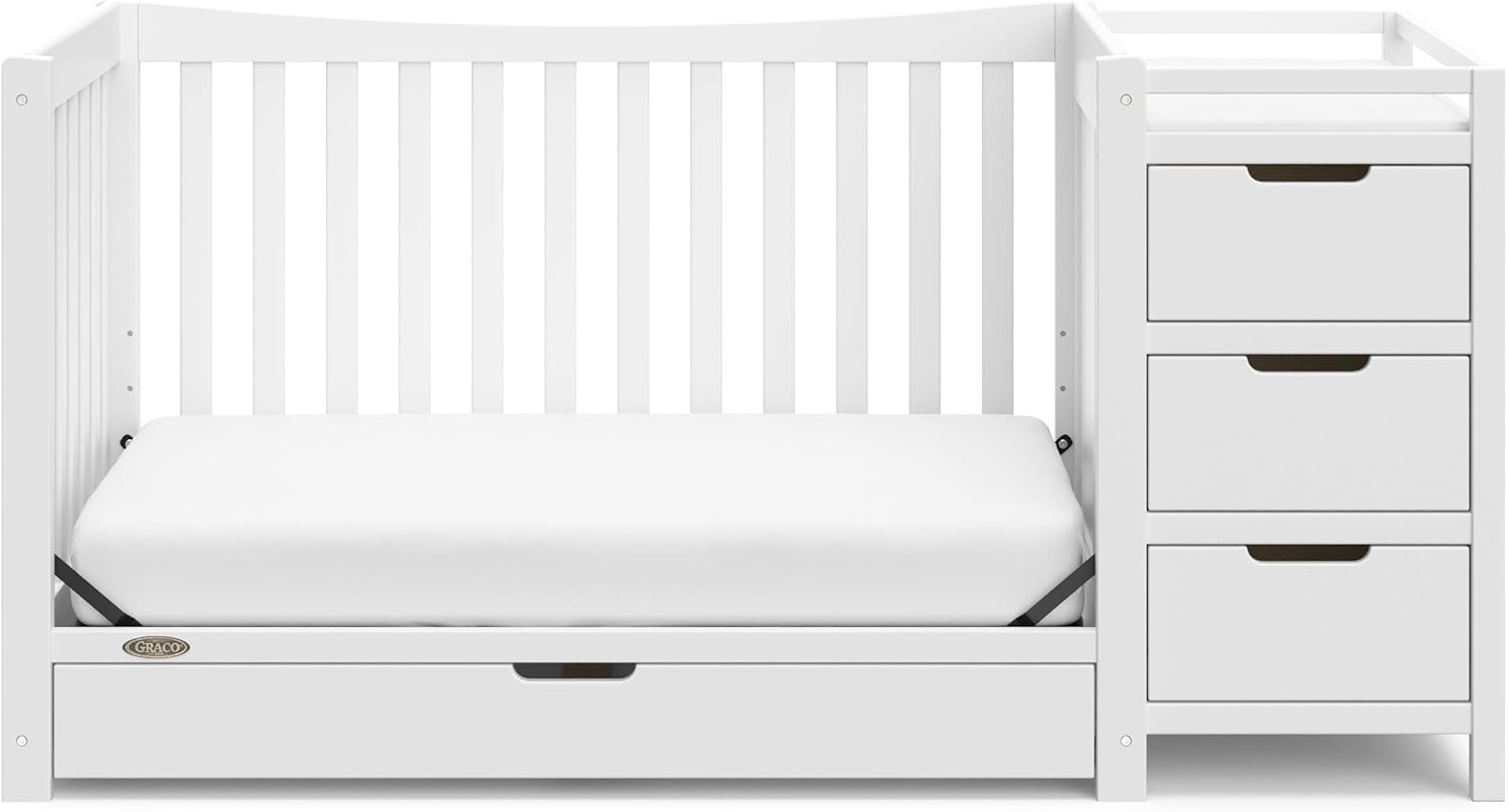 Graco Remi 4-in-1 Convertible Crib & Changer – GREENGUARD Gold Certified, Fits Standard Crib Mattress, Converts to Toddler Bed and Full Bed, 4 Adjustable Mattress Heights (White)
