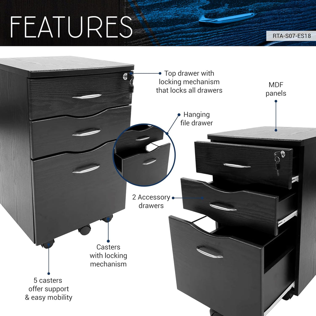 3 Drawer Rolling File Cabinet with Lock, Under Desk File Cabinet with Wheels, Printer Stand, Mobile Printer Shelf, Espresso Brown