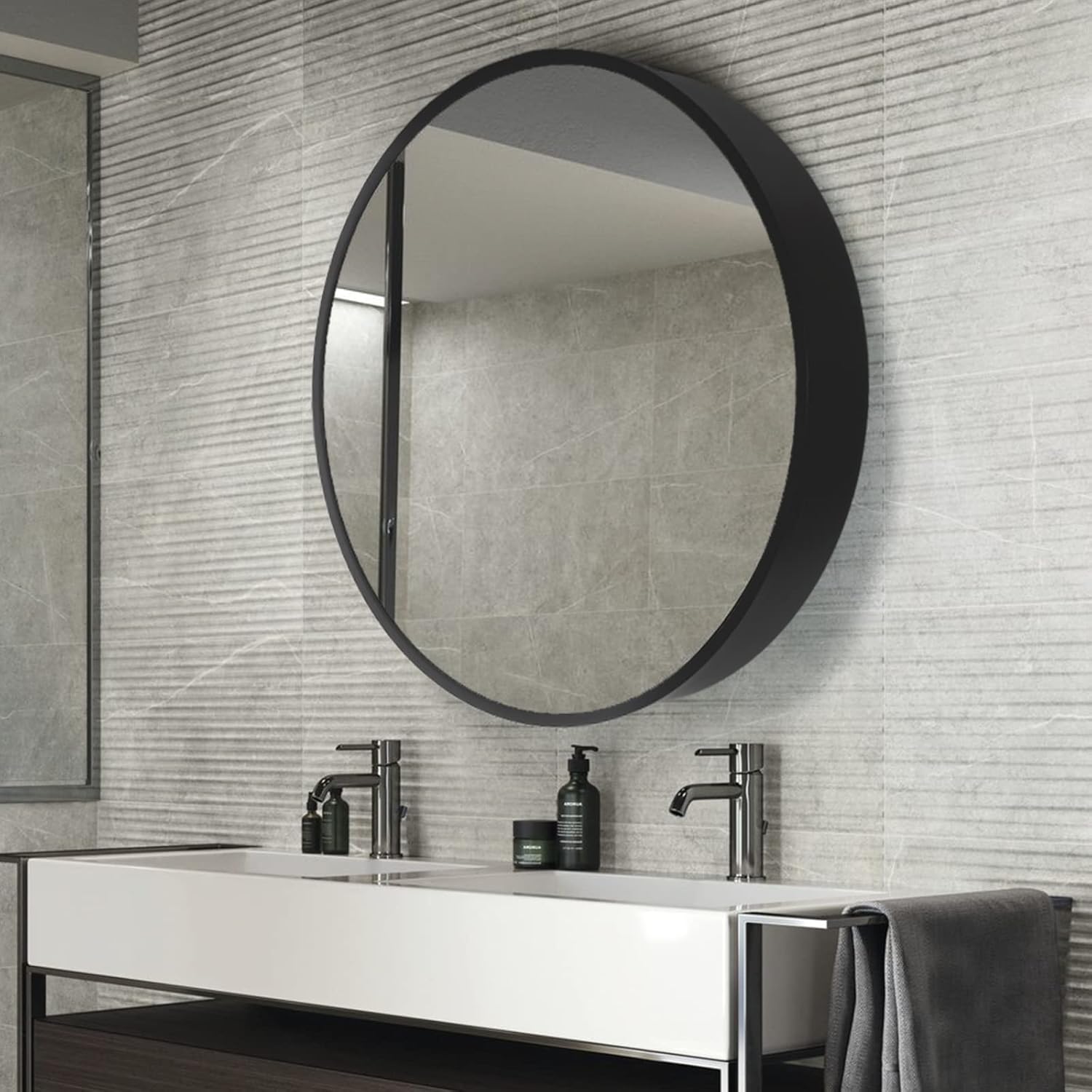 Movo Round 30 Inch x 30 Inch Black Metal Framed Bathroom Mirror Medicine Cabinet, Circular Storage Cabinet Surface Mounted
