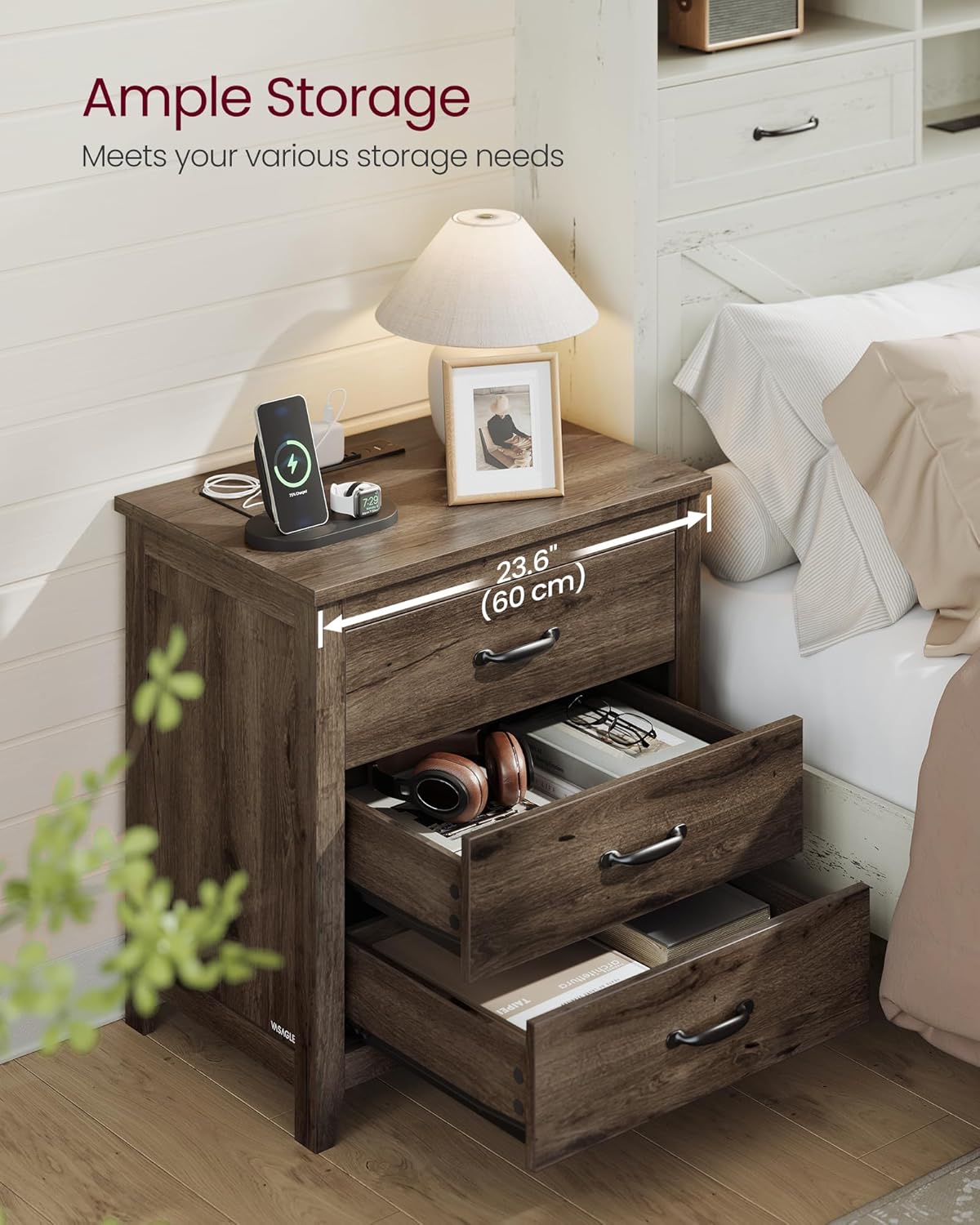 VASAGLE LIRY Collection - Farmhouse Nightstand with Charging Station, Set of 2, Bedside Tables, Side End Tables with 3 Drawers, for Bedroom, Taupe Brown ULET979T01