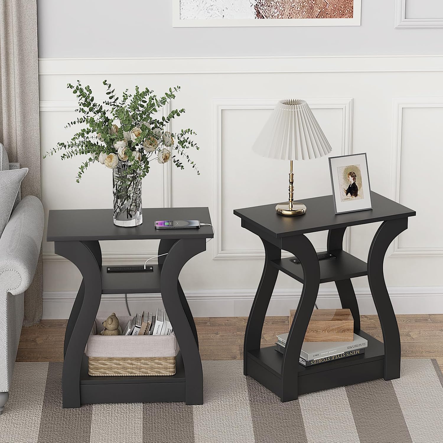 FROMJBEST Black End Table Set of 2 with Charging Station, Side Table with USB Ports and Outlets, Black Nightstand, 3 Tier End Table with Storage Shelf for Living Room, Bedroom