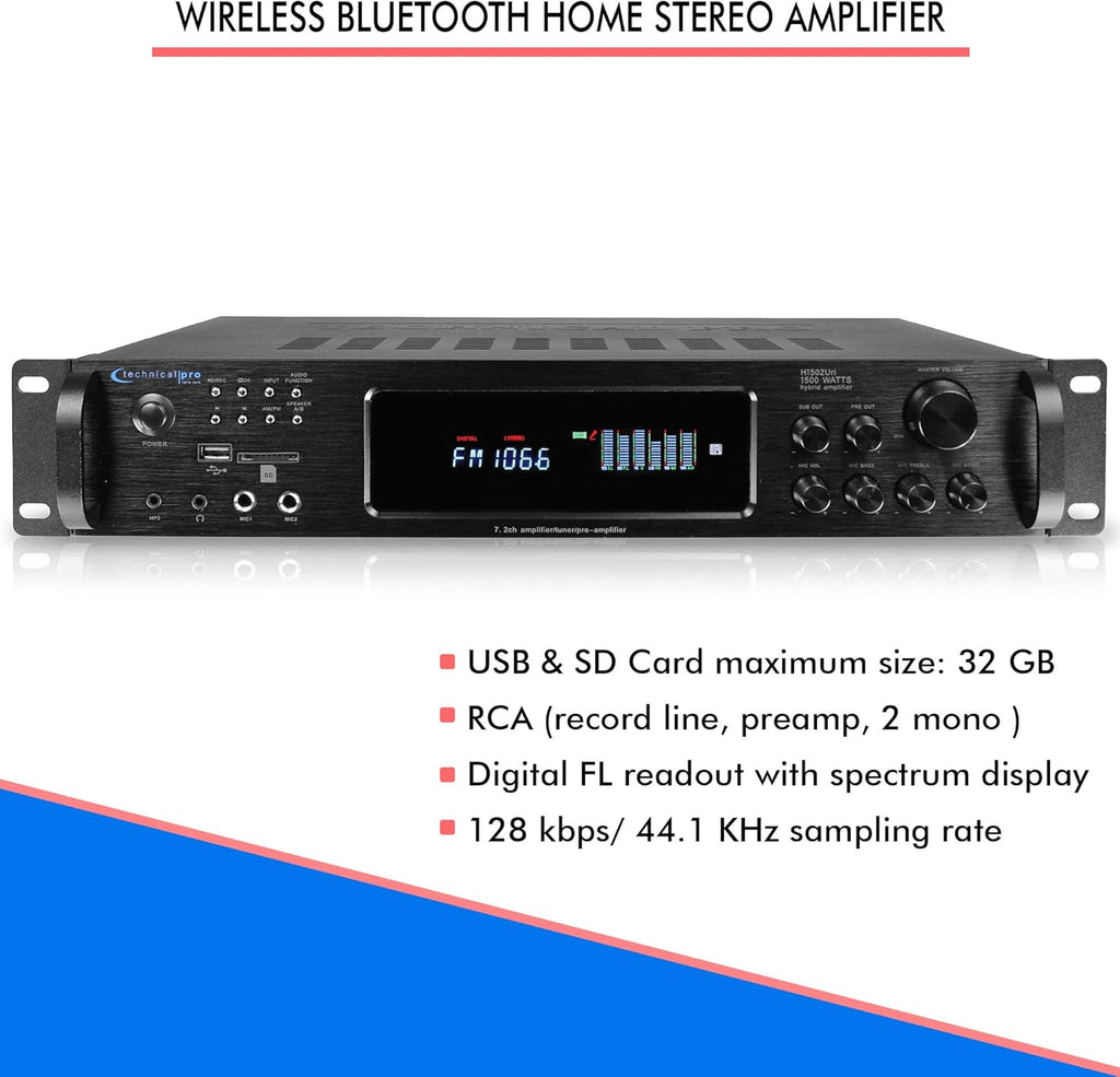 Bluetooth Home Stereo Amplifier, Digital Hybrid Multi Channel, 1500 Watt, Preamp, Tuner with USB and SD Inputs, 2 Mic Inputs, AM/FM digital tuner, Wireless Remote, Bass & Treble Controls