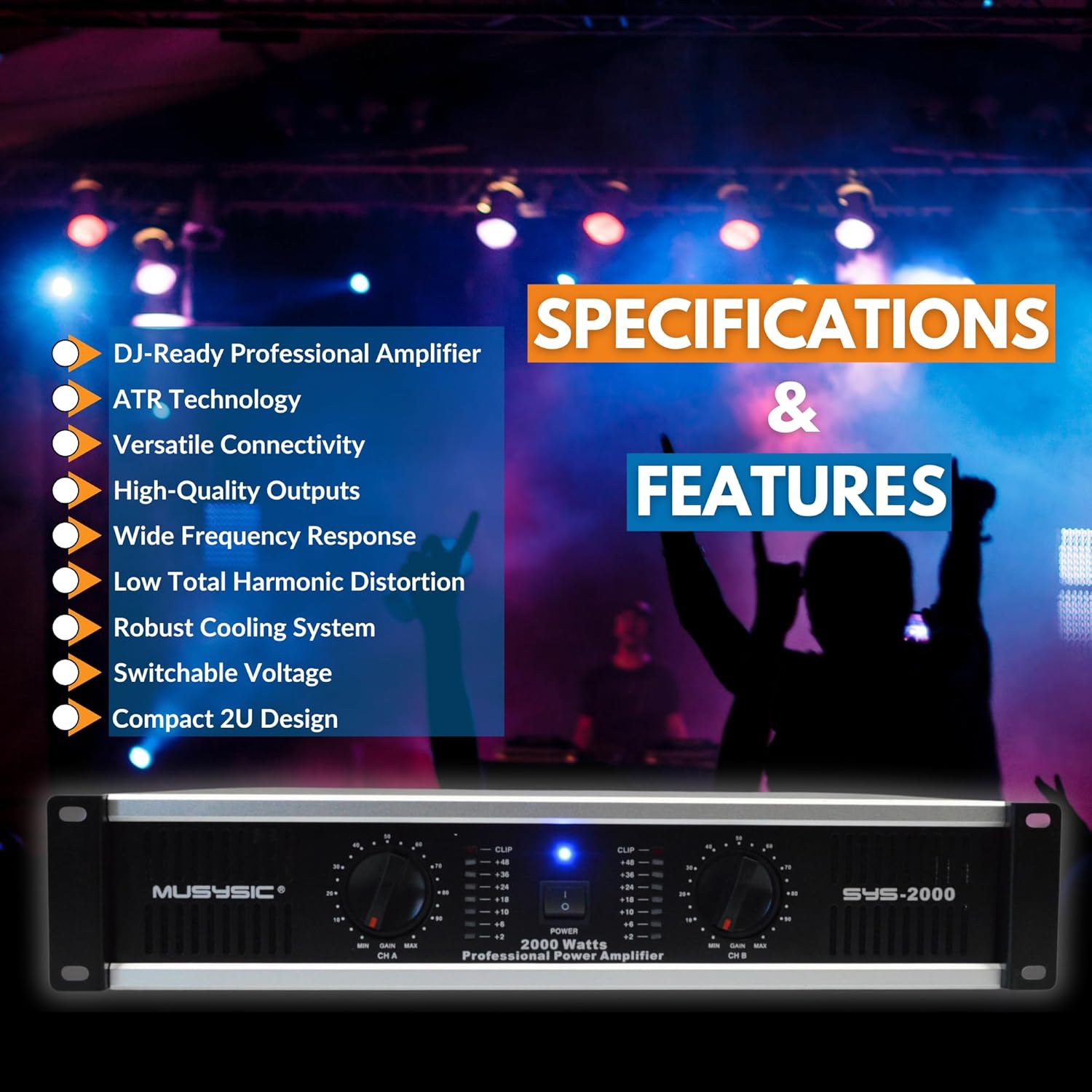 MUSYSIC Professional Power Amplifier 2 Channel 2000W - Home Audio Component Amplifiers for DJ, PA System, Speakers - high Quality Stereo Amp with Digital Audio Processing - Stereo XLR & 1/4" Inputs