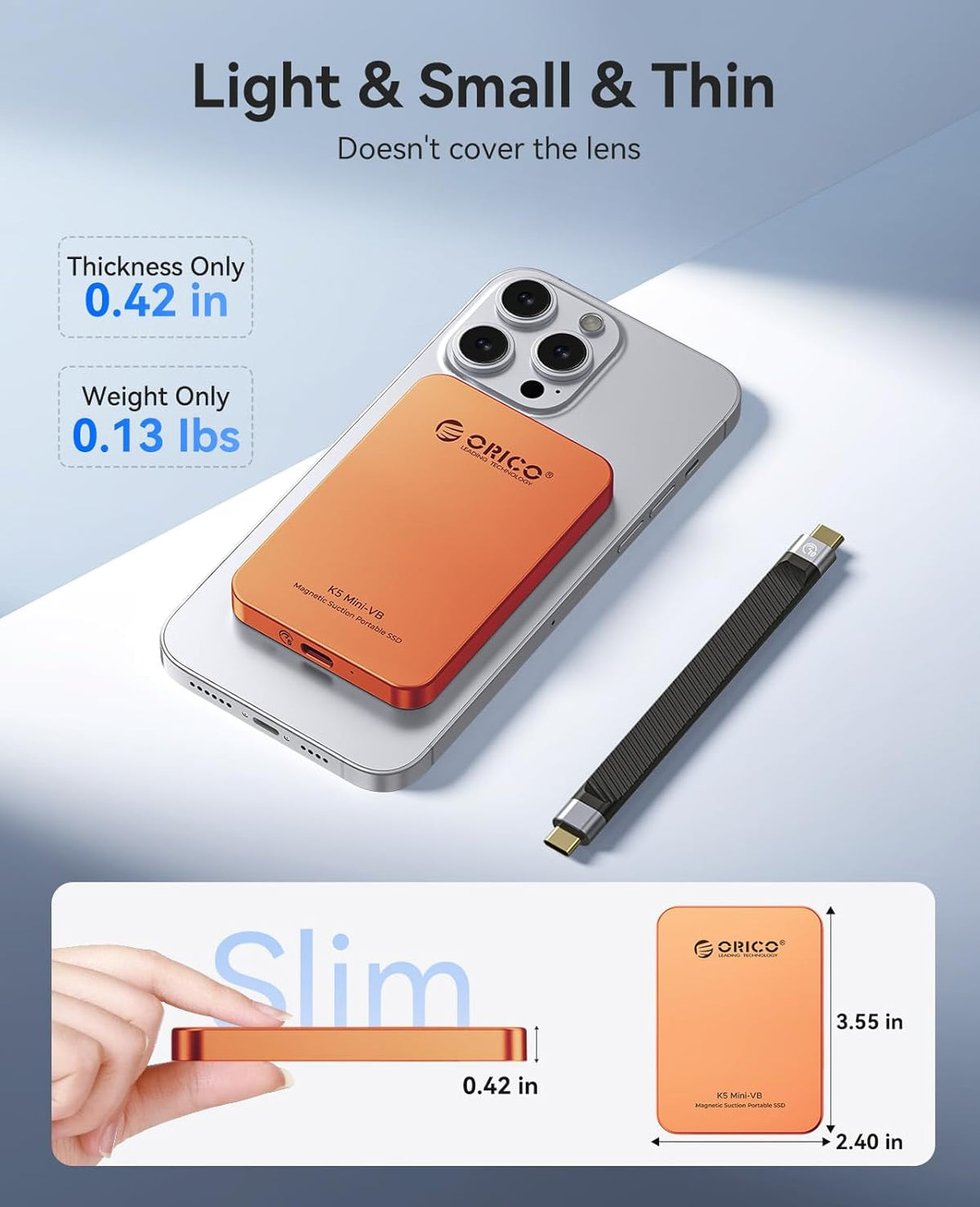 ORICO 1TB Magnetic External SSD, Aluminum Alloy, Up to 460MB/s, External Solid State Drive, Expand Storage for iPhone 17 Pro Max, Compatible w/MagSafe, USB-C Smartphones - K5MINI Orange