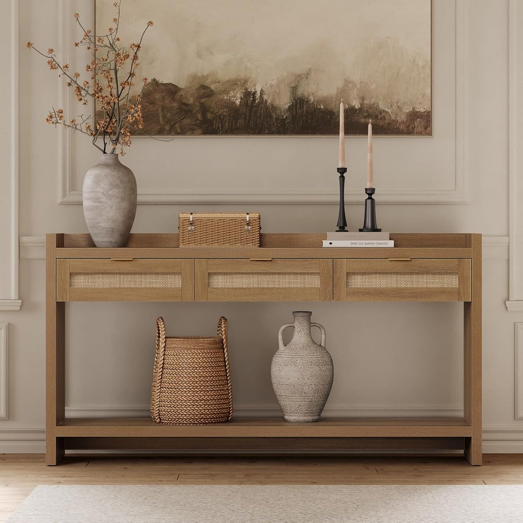 SICOTAS 60" Rattan Console Table for Entryway - Farmhouse Entry Table Sofa Table with 3 Drawers, Narrow TV Console Table with Storage for Living Room, Hallway, Couch, Foyer