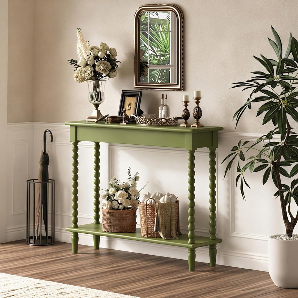 45'' Vintage Console Table, 100% Solid Wood Tall Entryway Table with 2-Tier Storage for Entrance, Hallway, Foyer, Living Room, Narrow Couch Table Behind Sofa, Minimal Assembly, Green