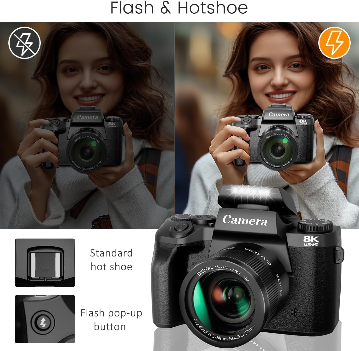 8K Digital Camera, 64MP WiFi Cameras for Photography with 4" Touchscreen, 16X Zoom Autofocus Professional Dual Camera, 3000MAh Battery, 32GB TF Card, Flash, Lens Hood