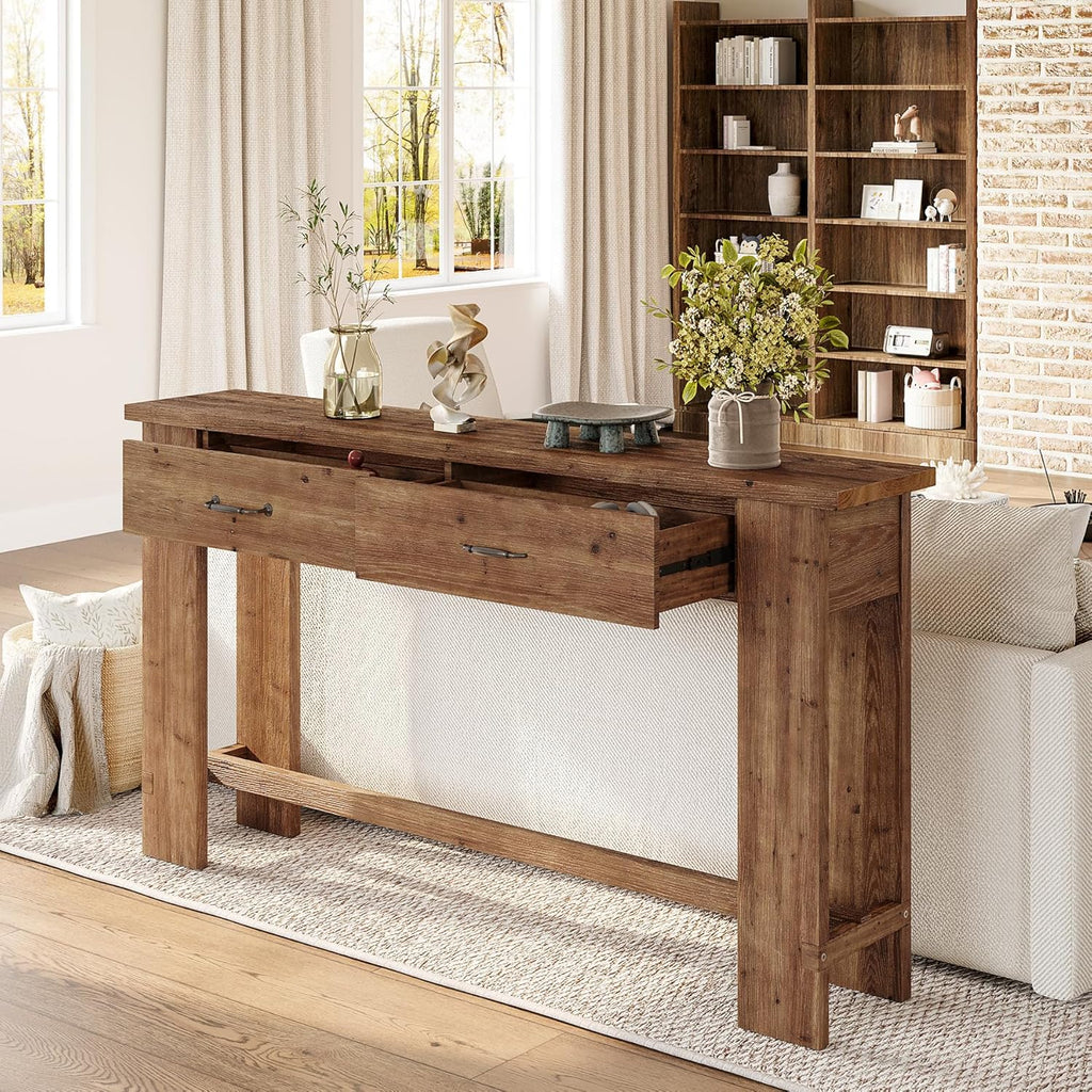 LITTLE TREE 63-Inch Solid Wood Console Table, Farmhouse Entryway Table with 2 Drawers, Narrow Sofa Table for Entryway, Hallway, Living Room, Foyer, Behind Couch