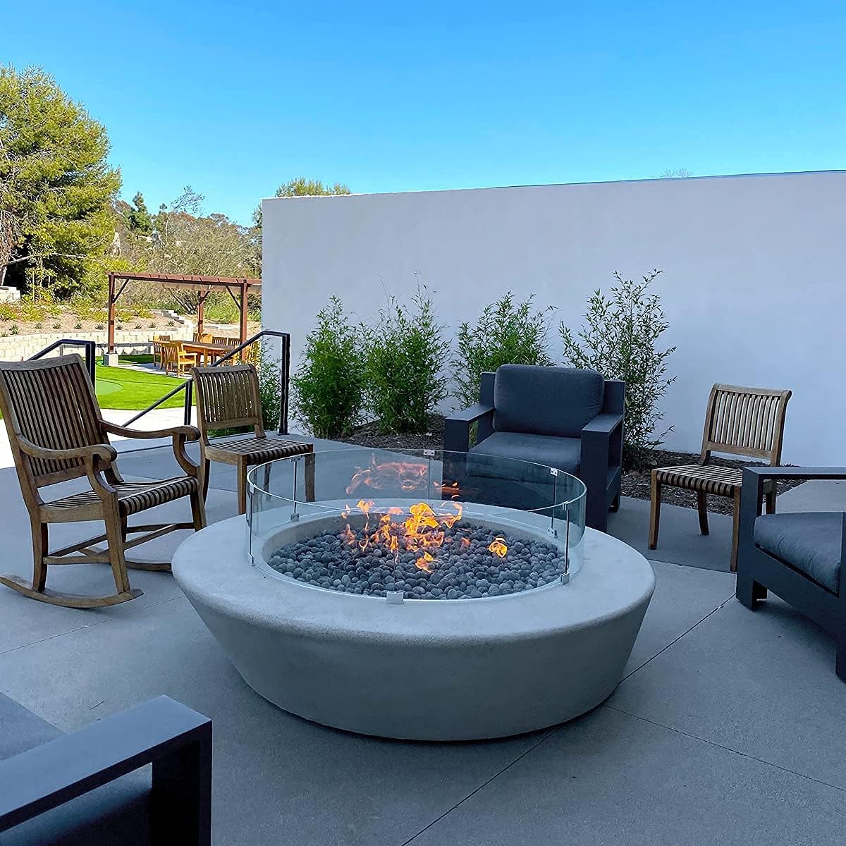 AMS Fireplace 23" Round Fire Pit Glass Wind Guard | Clear Tempered Glass Flame Protective Pane. Wind Resistant with Aluminum Corner Bracket