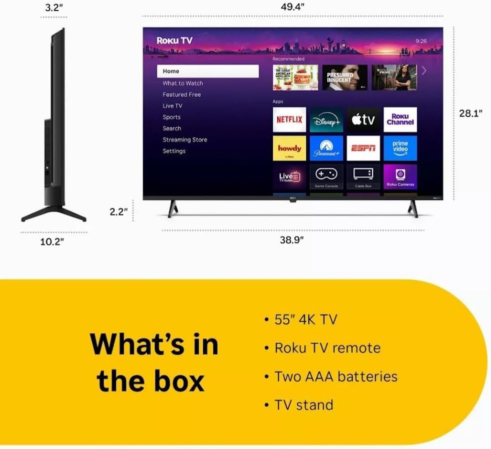 Roku Hiro TV 55" 4K HDR10 Smart TV Flat Screen LED TV & Dolby Audio Streaming, with Wi-Fi & Bluetooth, 3X HDMI Ports, Supports Apple Airplay - H55C4C4 (Renewed)