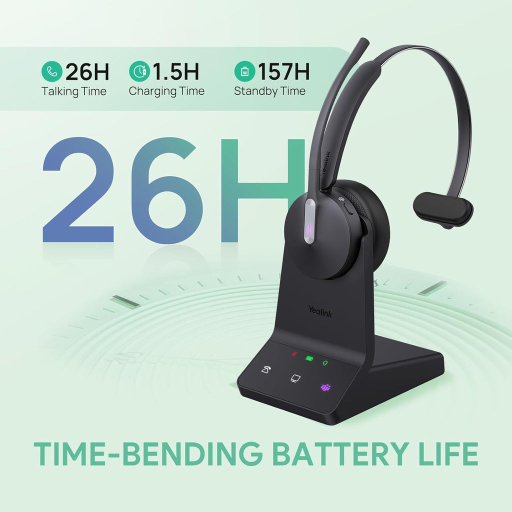 Yealink WH64 DECT & Bluetooth Wireless Mono Headset, 606ft Long Range Work Headphones, 3X Noise Cancelling Mic, 26H Calls, Office Single On Ear Headsets (Desk Phone,PC,Cellphone) for Teams Zoom UC