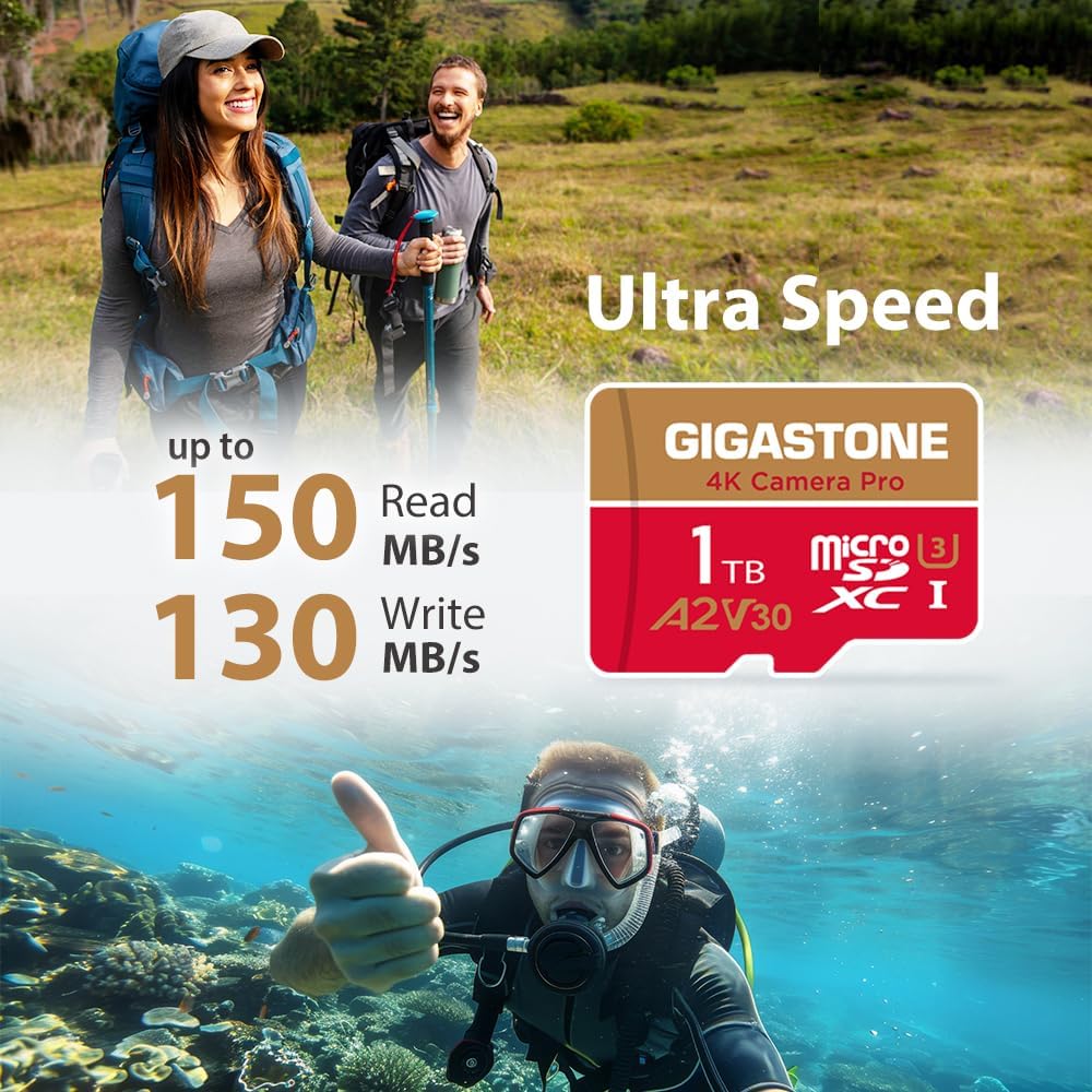 【5-Years Data Recovery】 GIGASTONE 1TB Micro SD Card, 4K Camera Pro, R/W up to 150/130 MB/s, 4K Video Recording for GoPro, DJI, Drone, MicroSDXC Memory Card UHS-I U3 A2 V30, with Adapter