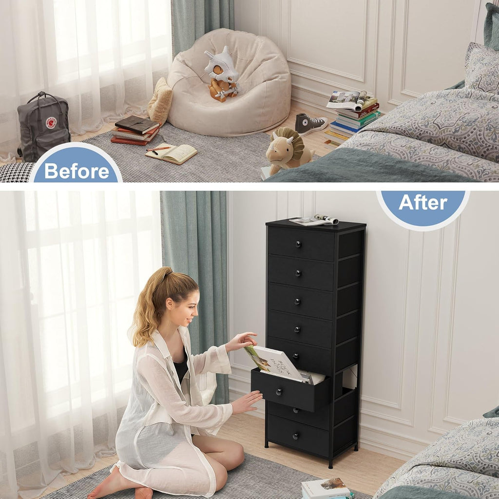 Crestlive Products Tall Dresser, 8-Drawer Fabirc Storage Tower, Chests of Drawers - Vertical Organizer Unit for Bedroom, Hallway, Entryway, Nursery, Closets - Steel Frame, Wood Top & Handles (Black)