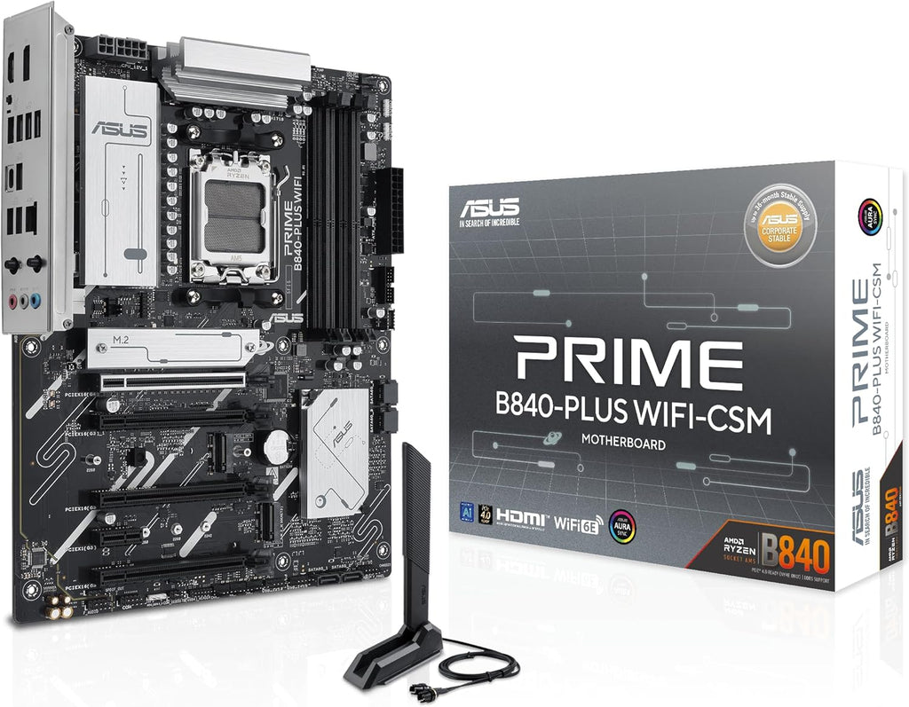 ASUS Prime B840-PLUS WiFi-CSM AMD AM5 B840 ATX Commercial CSM Motherboard, Advanced AI Ready, DDR5, PCIe 4.0, 3X M.2, Wi-Fi 6E, 2.5G LAN, DP, HDMI, USB Type-C, BIOS Flashback, ASUS Control Center
