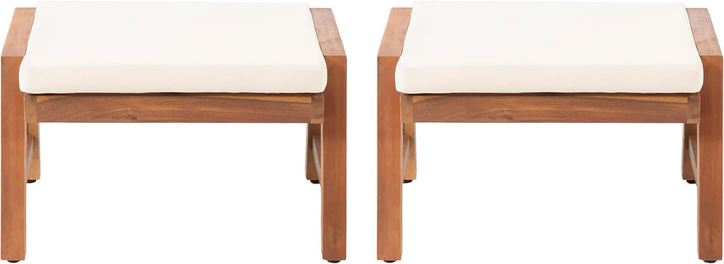 Temecula Outdoor Ottomans with Cushion (Set of 2) - Acacia Wood - Brown/Cream
