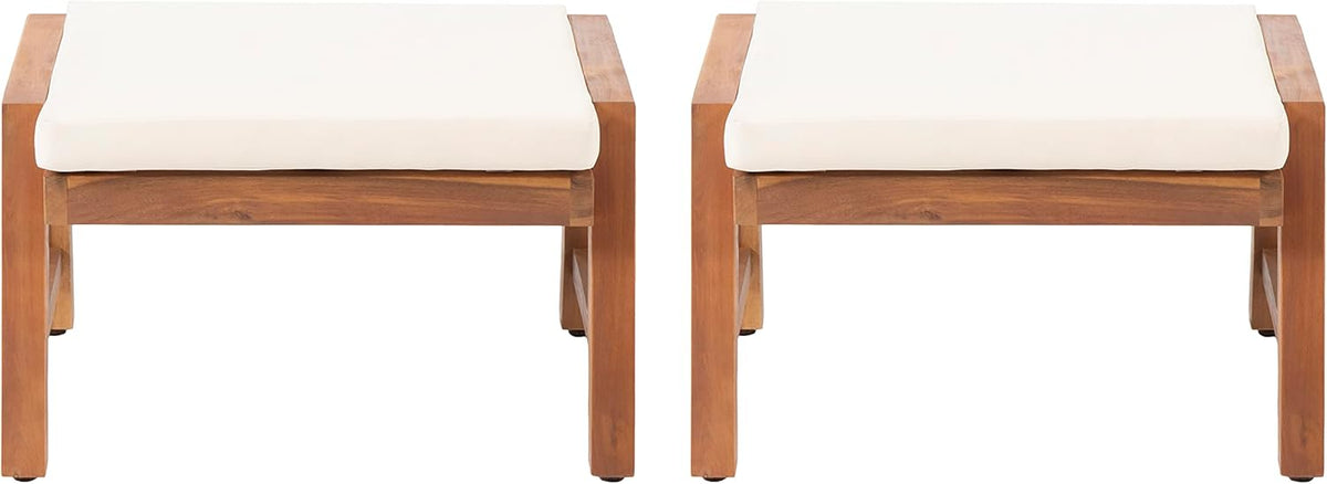 Temecula Outdoor Ottomans with Cushion (Set of 2) - Acacia Wood - Brown/Cream