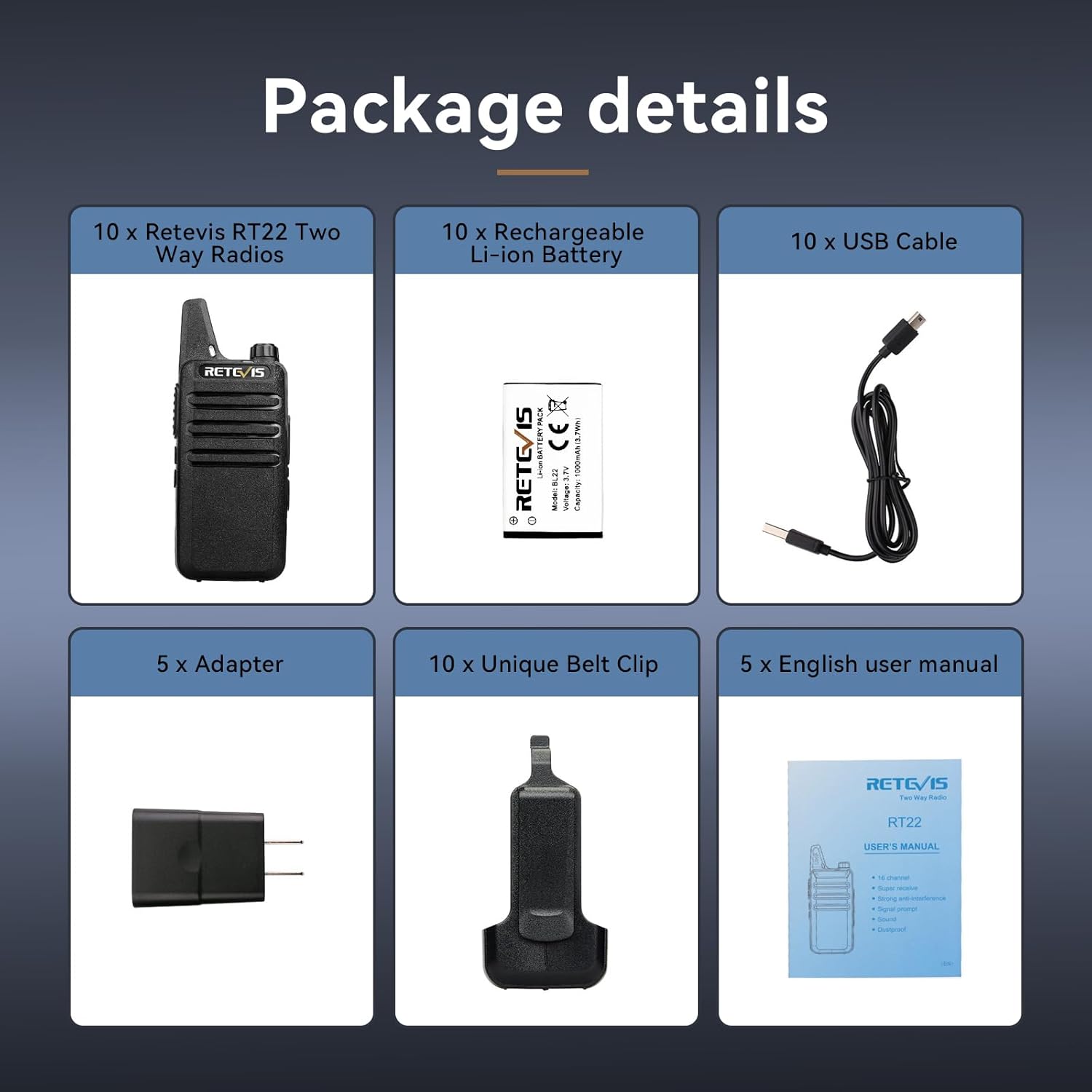 Retevis RT22 Walkie Talkies Rechargeable,Long Range Two Way Radio,2 Way Radio for Adults, Handsfree VOX Mini, for Business Office School Church Restaurant Retail(Black,10 Pcs, 5 Box)