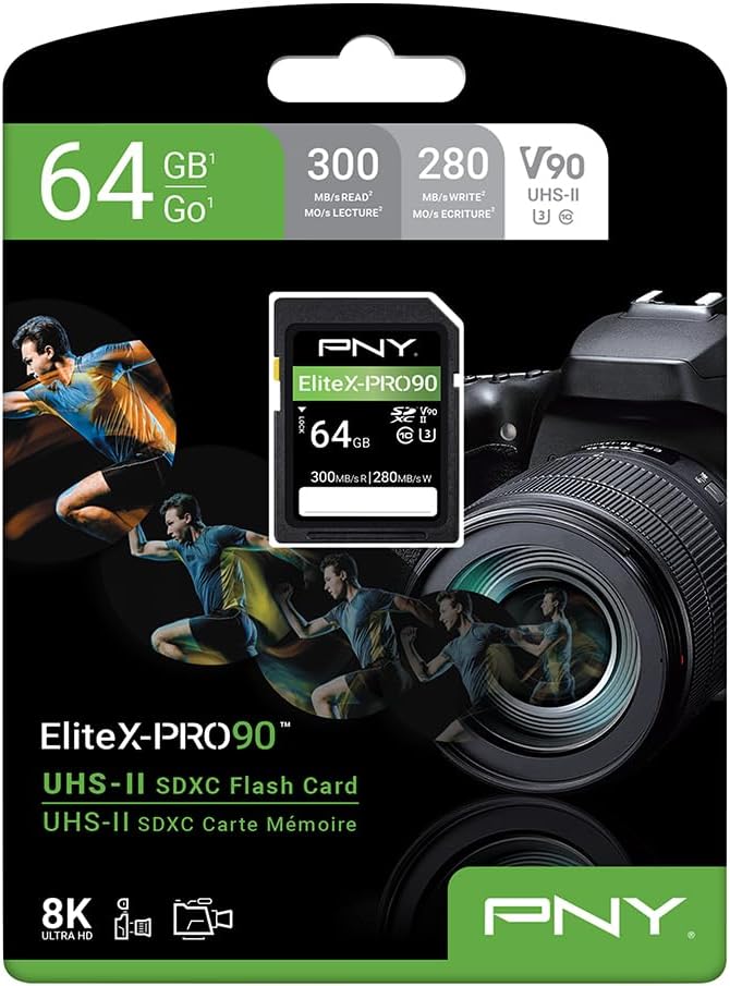 PNY 64GB EliteX-PRO90 UHS-II SDXC Memory Card – R300MB/s W280MB/s, U3, V90, 8K UHD, Full HD, UHS-II for Professional Photographers & Content Creators, DSLR, Mirrorless Cameras, Advanced Video Cameras