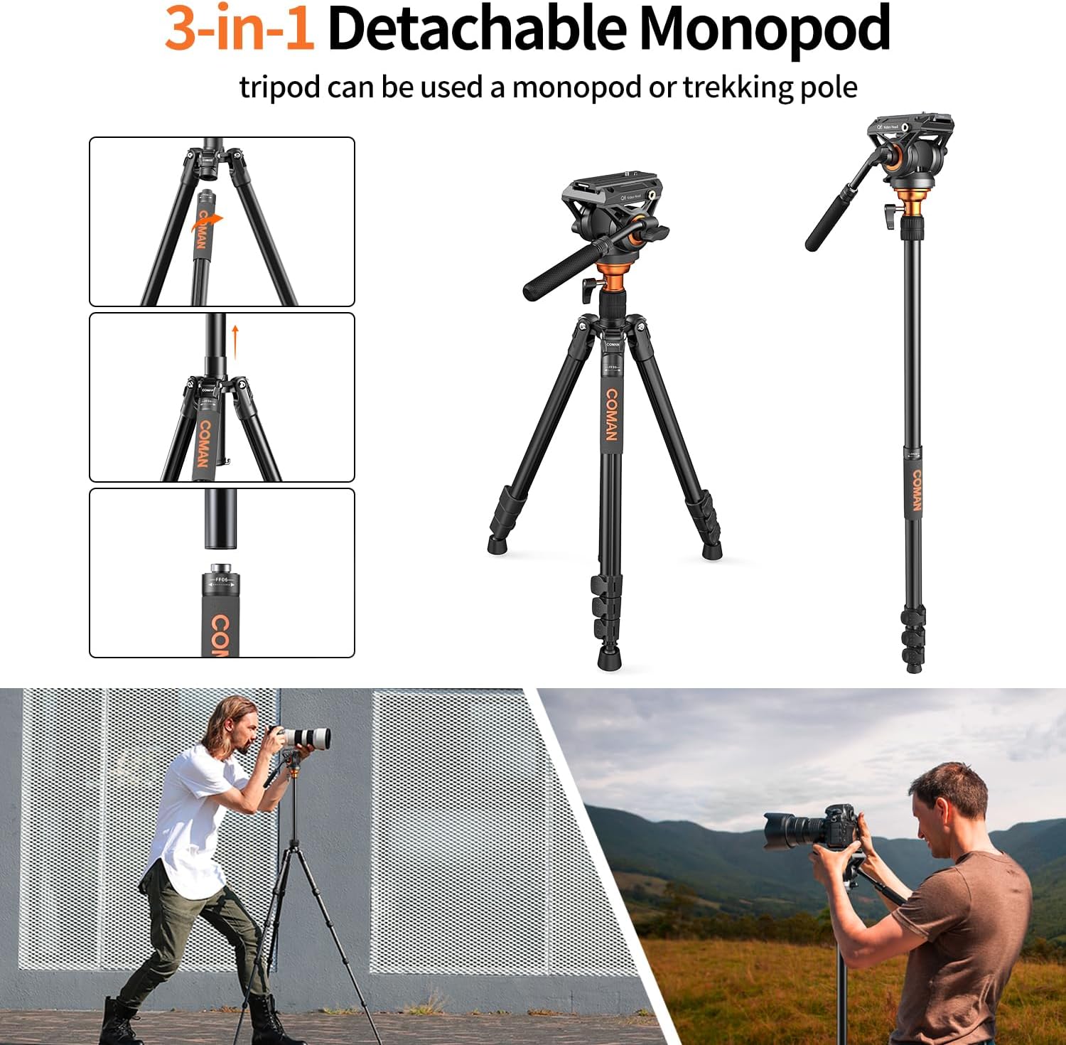 COMAN Camera Tripod with Fluid Head, Lightweight Compact Tripod for Camera with Detachable Monopod Aluminium Alloy and QR Plate for DJI Canon Nikon Sony DSLR Camera 70.8“ Max Load 22.04lb(FF06S)