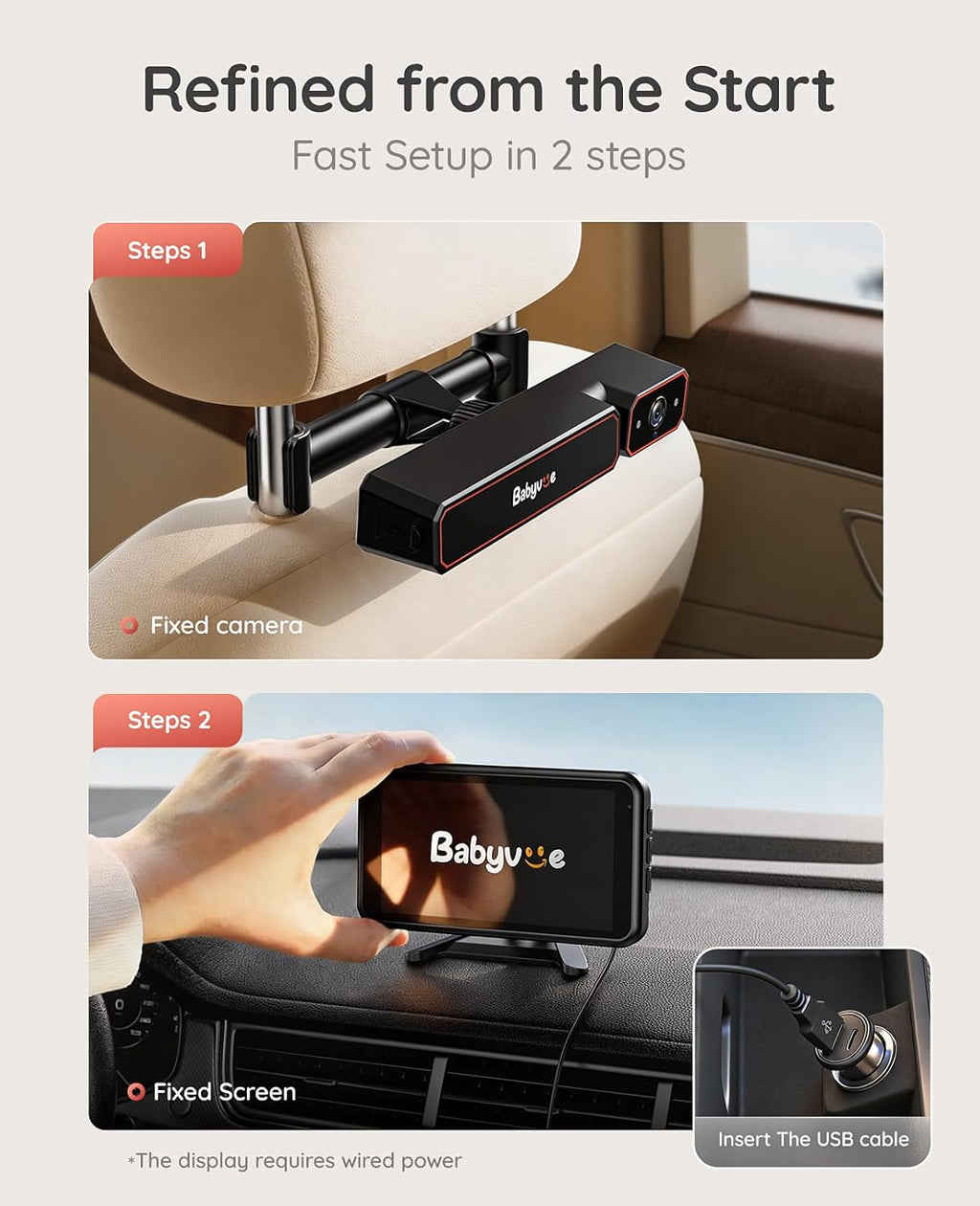 Babyvue BV6PRO Wireless Dual Car Camera Baby Monitor Fast Setup, HD1080P Spilt-Screen Baby Car Monitor for 2 Kids, Auto IR Night Vision Backseat Camera for Newborns Gift