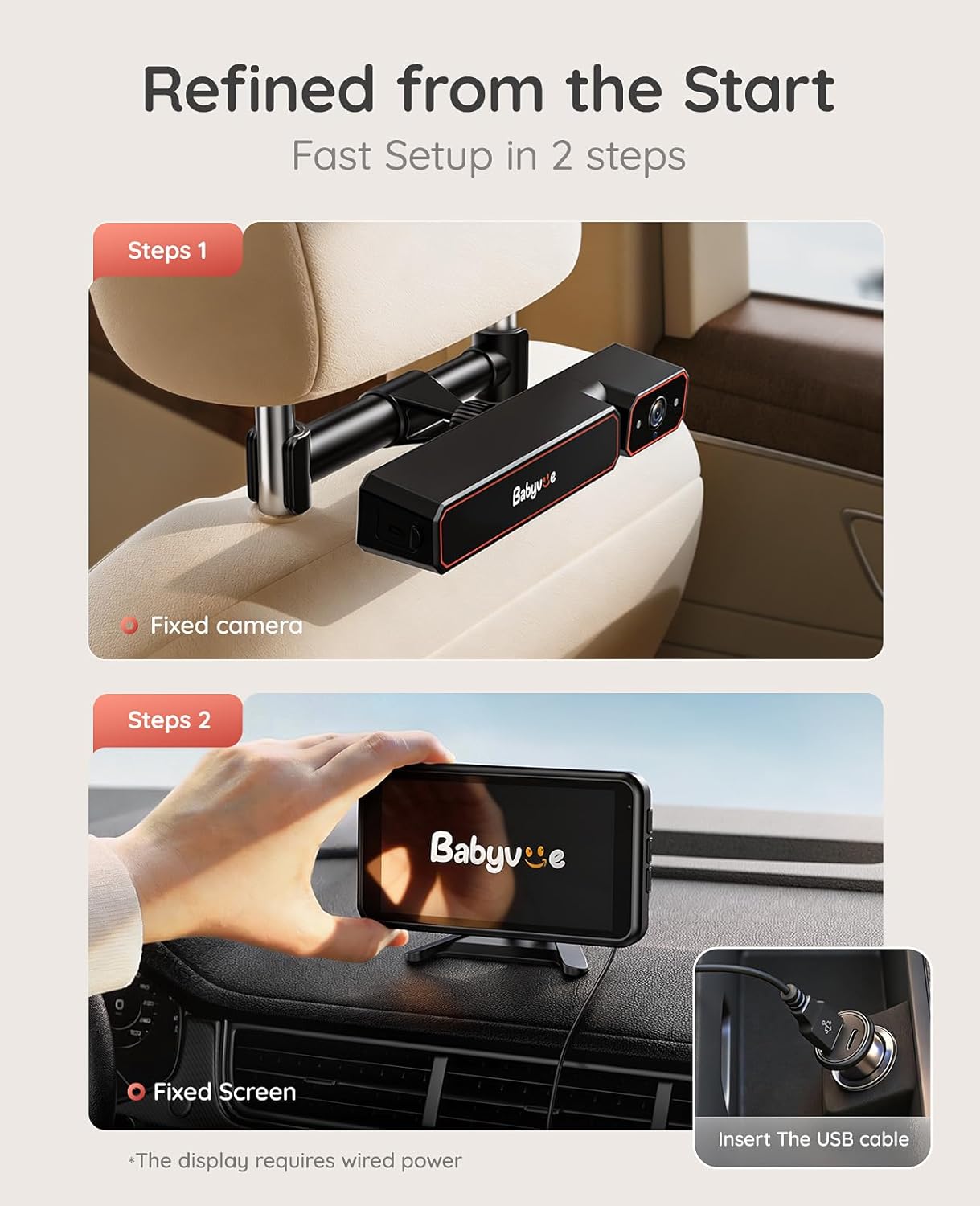 Babyvue BV6PRO Wireless Dual Car Camera Baby Monitor Fast Setup, HD1080P Spilt-Screen Baby Car Monitor for 2 Kids, Auto IR Night Vision Backseat Camera for Newborns Gift
